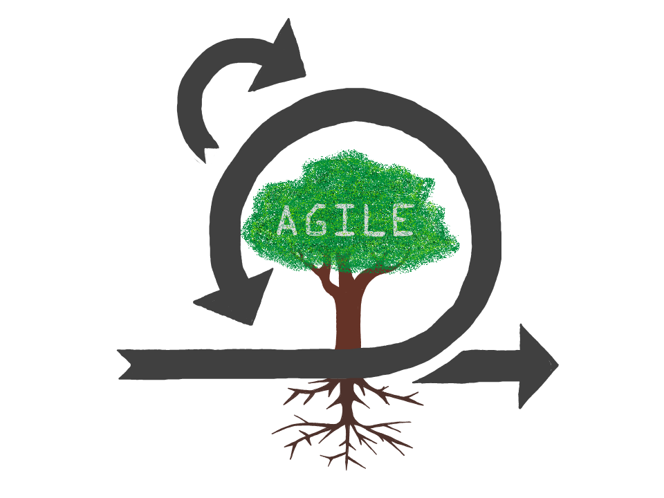 Agilität als Baum: Wurzeln = Werte, Stamm = Prinzipien, Krone = Methoden und Frameworks, umrahmt von iterativen Prozessen